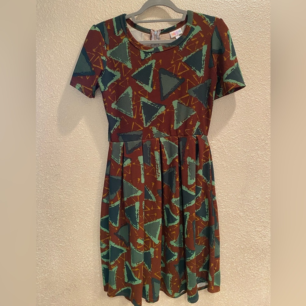 LuLaRoe Geometric Midi Dress in Green and Brown